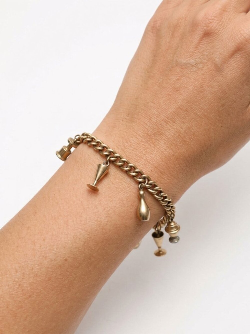 Vintage Brass Curb Chain Charm Bracelet Cocktails Barware Drinks Retro